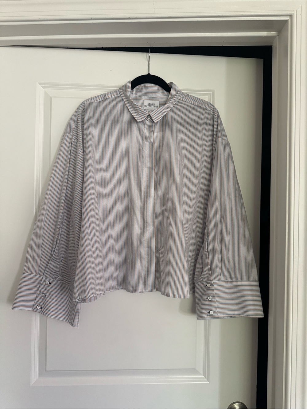 Urban Outfitters Oversized White Button-Up Shirt with Blue and Orange Pinstripes